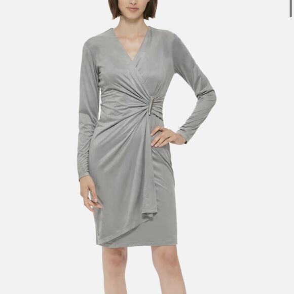 Calvin Klein Faux Suede Tin Gray V-Neck Long Sleeve Soft Dress Size 4 NWT - Picture 1 of 7